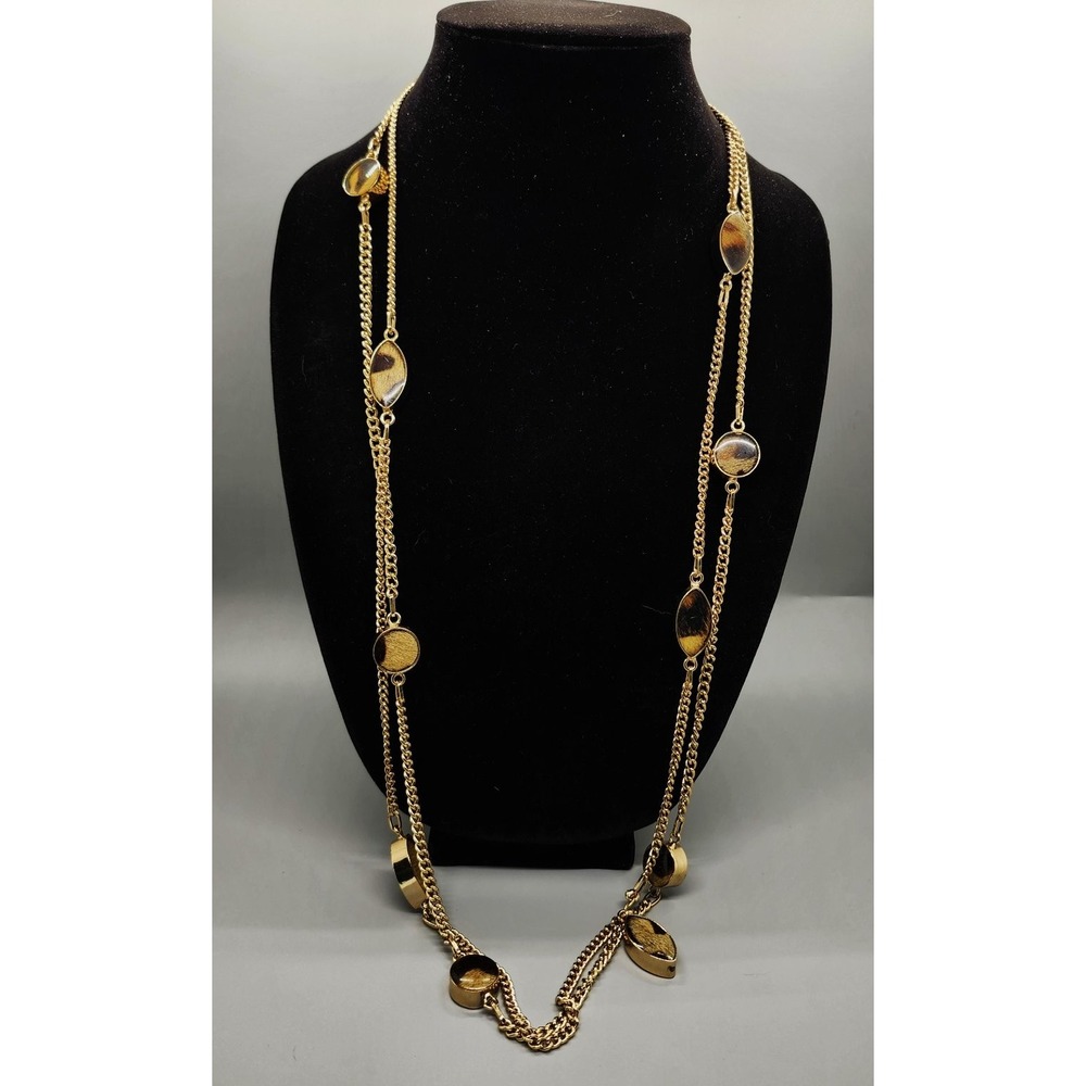 CHICO'S Long Multi-Strand Station Necklace Gold Tone Leopard Print Cabochon